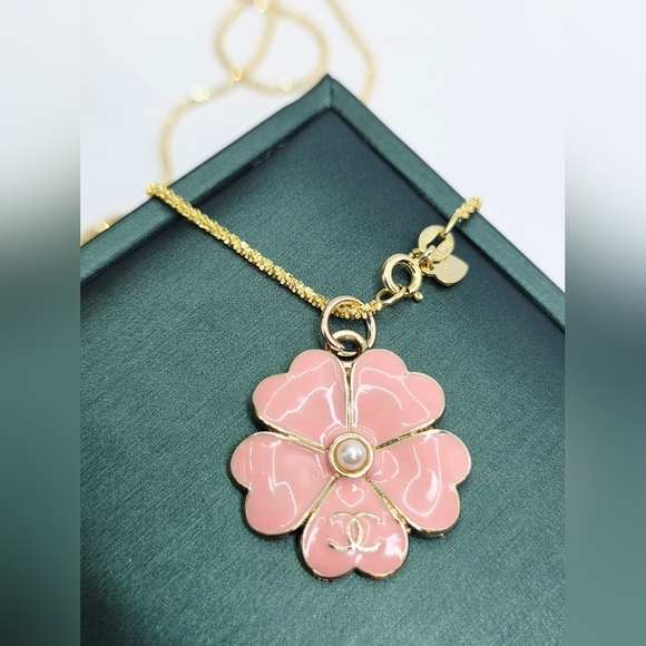 CHANEL Jewelry - Chanel Pink Camellia Flower Pendant Necklace Pearl Center • 20" Gold Rope 925